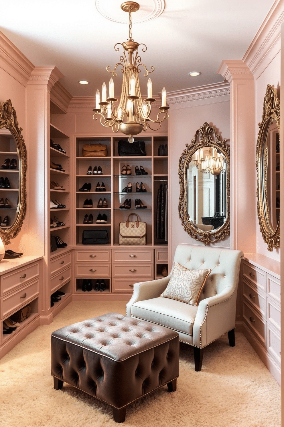 A luxurious walk-in closet featuring soft pastel colors for a serene vibe. The walls are painted in a gentle blush pink, complemented by a plush cream carpet that adds warmth and comfort. Elegant wooden shelving displays an array of designer shoes and handbags, while a vintage chandelier hangs from the ceiling, casting a soft glow. A cozy seating area with a tufted ottoman invites relaxation, surrounded by ornate mirrors that enhance the space's sophistication.