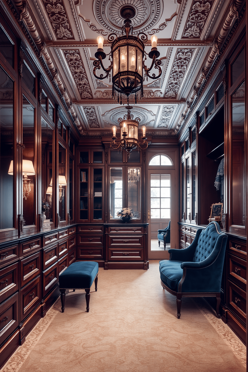 A grand Victorian walk-in closet features intricate decorative moldings that add architectural interest to the space. The closet is adorned with rich wood cabinetry, plush velvet seating, and ornate lighting fixtures that create a luxurious atmosphere.