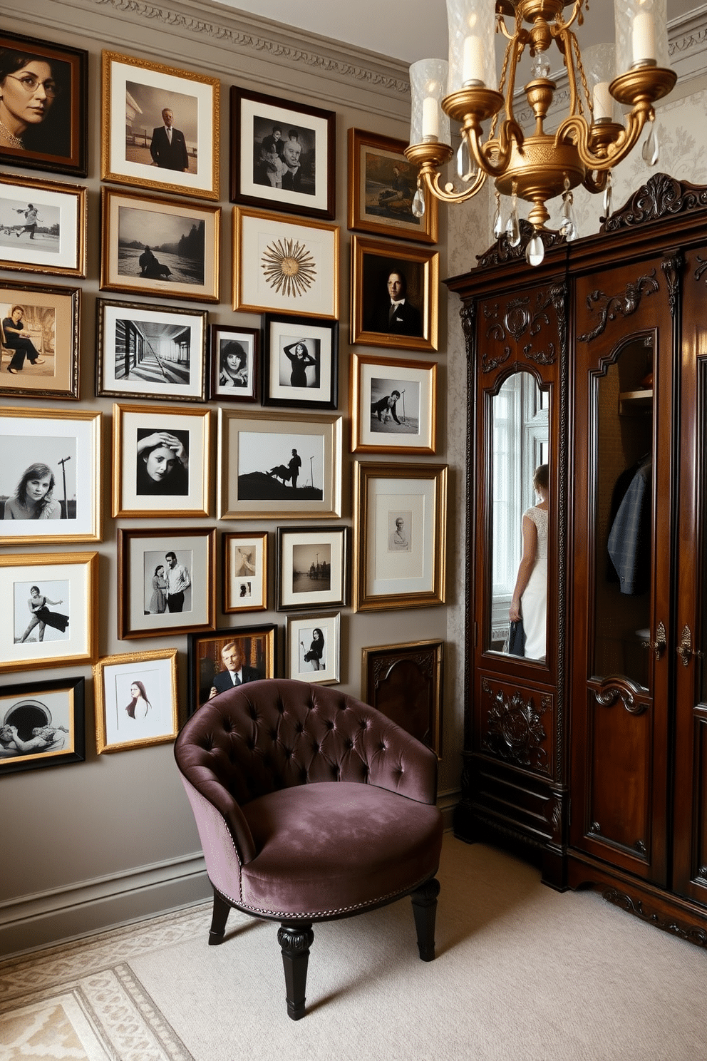 A curated gallery wall featuring a mix of framed artwork and personal photographs, showcasing a blend of modern and vintage styles. The artwork is arranged in a cohesive layout, with varying sizes and frames that complement the room's color palette. A luxurious Victorian walk-in closet with intricately carved wooden cabinetry and a plush velvet seating area. Elegant chandeliers illuminate the space, while ornate mirrors and delicate wallpaper add a touch of sophistication and charm.