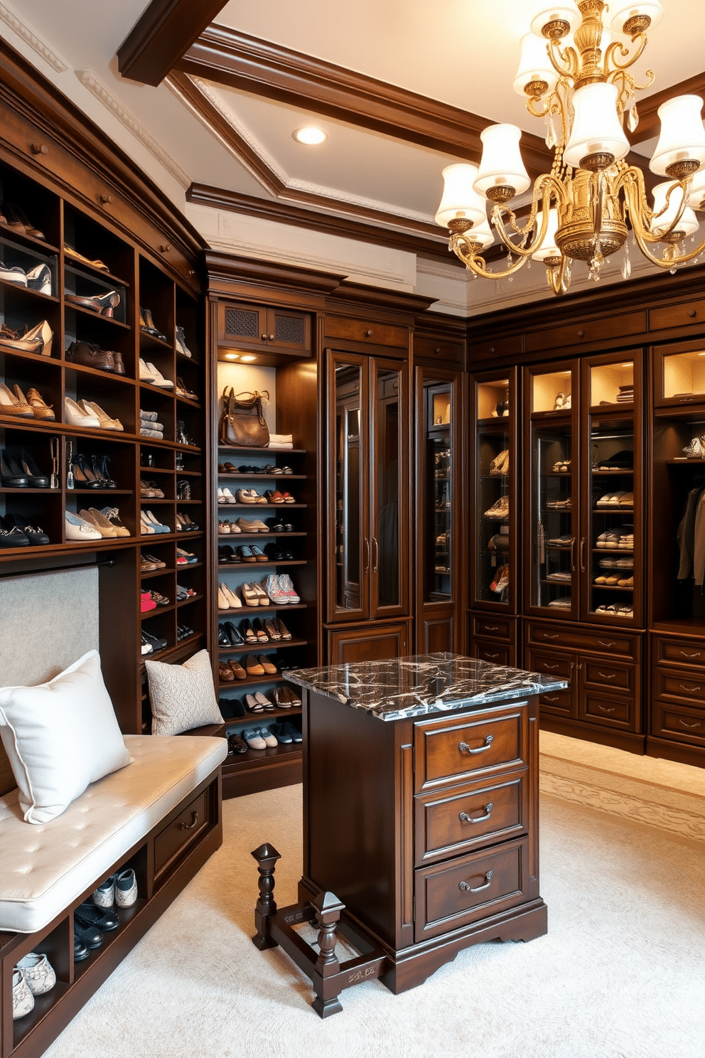 A stylish shoe rack features a combination of open shelving and closed storage, crafted from rich dark wood to complement the elegant decor. The design includes a cushioned bench for seating, with decorative hooks above for hanging accessories, all set against a backdrop of soft, ambient lighting. The Victorian walk-in closet showcases ornate moldings and plush carpeting, with custom cabinetry that includes glass-fronted display cases for shoes and handbags. Elegant chandeliers hang from the ceiling, illuminating a central island with a marble top, perfect for arranging jewelry and other accessories.