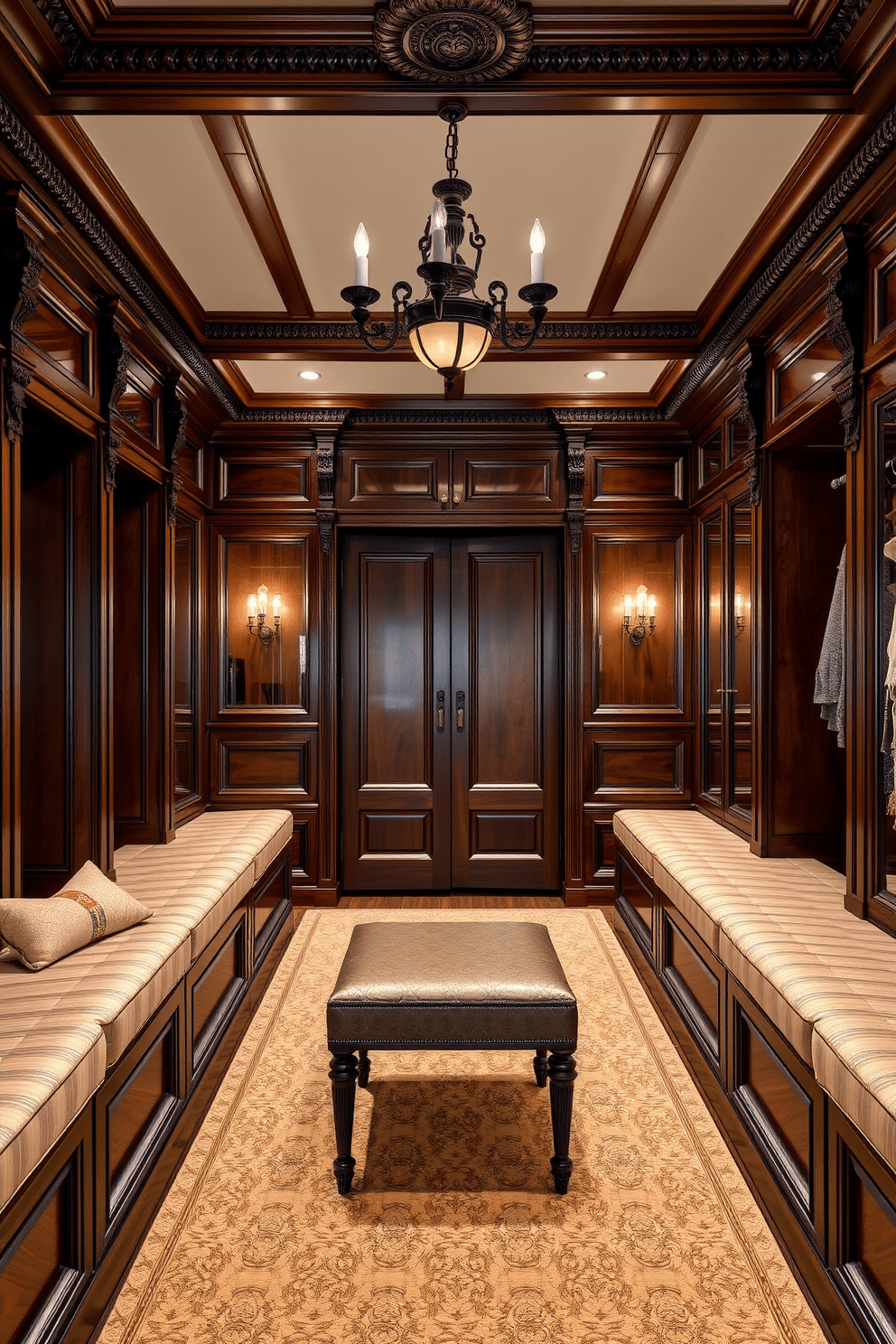 A luxurious Victorian walk-in closet featuring built-in benches for seating convenience. The space is adorned with rich wood cabinetry, intricate moldings, and elegant lighting fixtures that create a warm and inviting atmosphere.