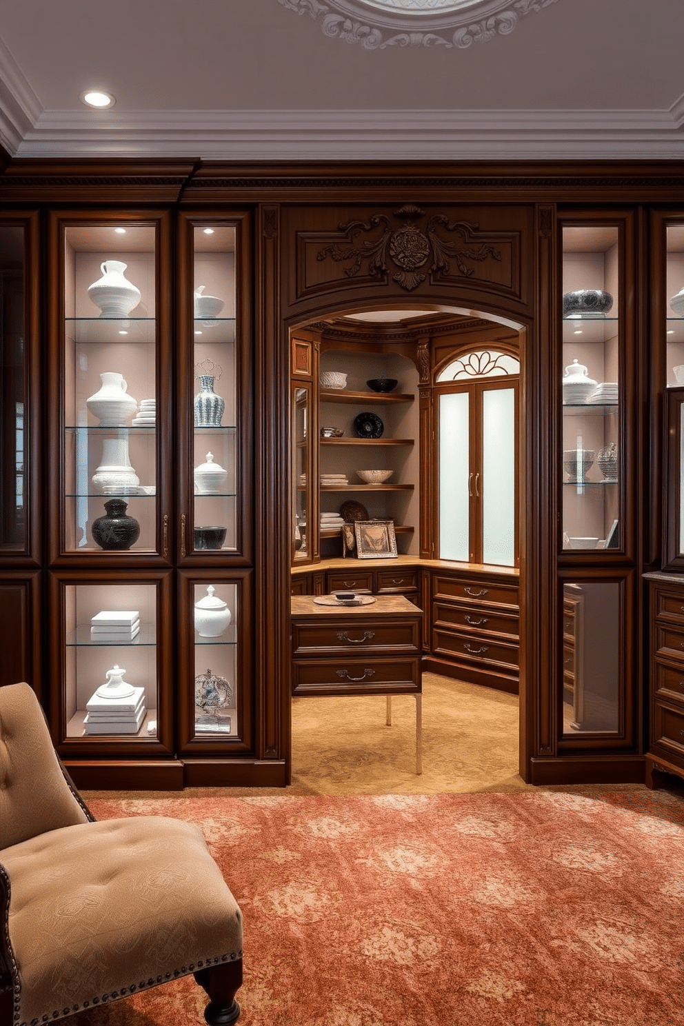 A stunning room featuring glass-front cabinets elegantly displaying curated decor items. The cabinets are framed in a rich wood finish, enhancing the overall sophistication of the space. A luxurious Victorian walk-in closet designed with ornate details and ample storage. The closet features plush carpeting, intricate moldings, and a central island with drawers for accessories, creating an opulent dressing experience.