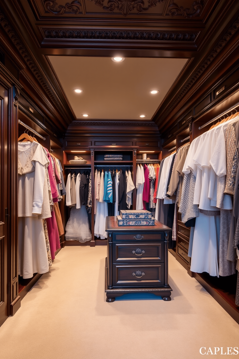 A luxurious Victorian walk-in closet featuring hanging racks for elegant clothing display. The walls are adorned with rich, dark wood paneling, and ornate crown molding adds a touch of sophistication. Soft, ambient lighting highlights the carefully arranged garments, while plush carpeting underfoot enhances comfort. A central island with decorative storage boxes complements the overall elegance of the space, creating a perfect blend of style and functionality.