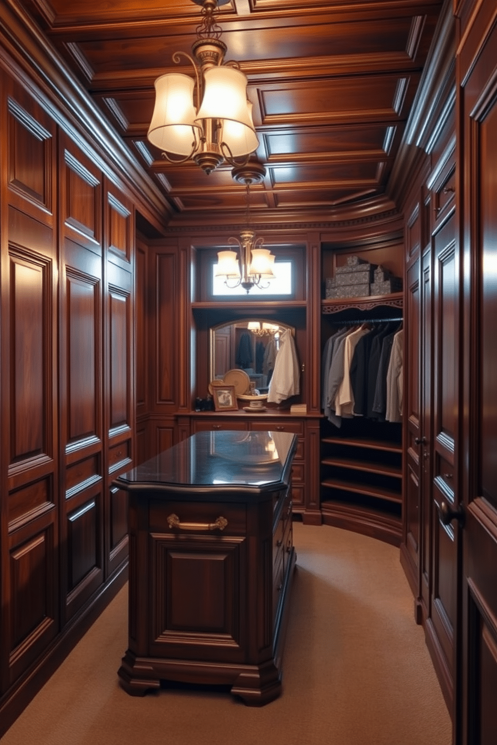 Rich wood paneling envelops the walls, exuding classic charm and elegance. The intricate moldings and warm tones create a cozy yet sophisticated atmosphere. The Victorian walk-in closet features ornate shelving and a central island for accessories. Plush carpeting underfoot adds comfort, while vintage lighting fixtures provide a warm glow.