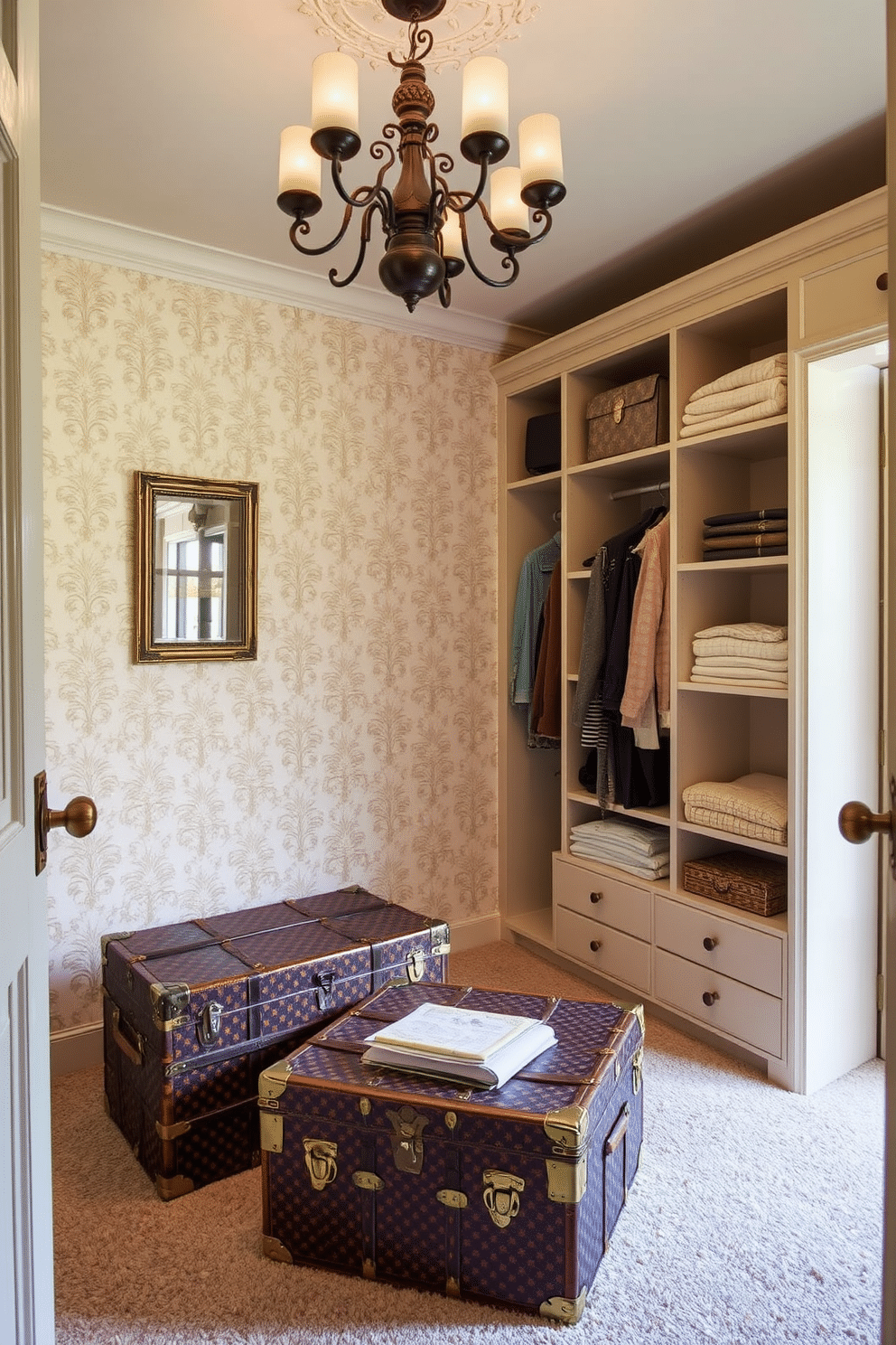 A cozy vintage-inspired walk-in closet features elegant Victorian trunks used as unique storage solutions. The trunks are adorned with intricate patterns and brass accents, providing a charming contrast to the soft pastel wallpaper and plush carpet underfoot. The closet is illuminated by a vintage chandelier, casting a warm glow over the space. Shelves lined with beautifully folded garments and accessories complement the trunks, creating an inviting and organized atmosphere.