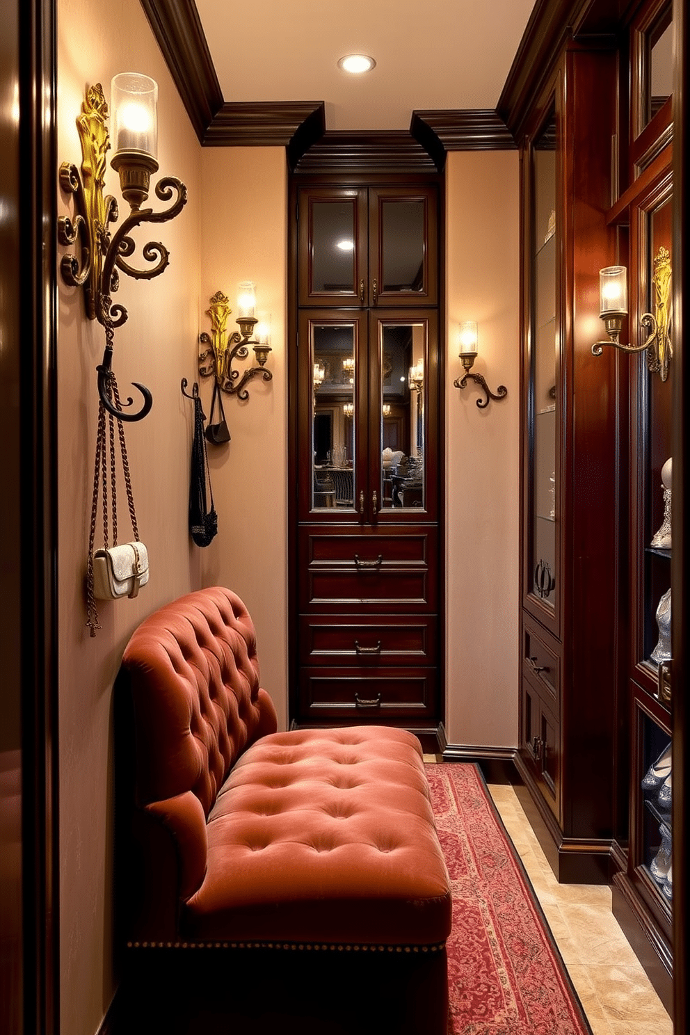 A luxurious Victorian walk-in closet featuring elegant wall-mounted hooks for accessories. The hooks are adorned with intricate detailing, showcasing a blend of antique brass and ornate designs that enhance the opulent atmosphere. Rich, dark wood cabinetry lines the walls, providing ample storage for clothing and shoes. Plush velvet seating is positioned centrally, complemented by soft lighting that casts a warm glow across the space.