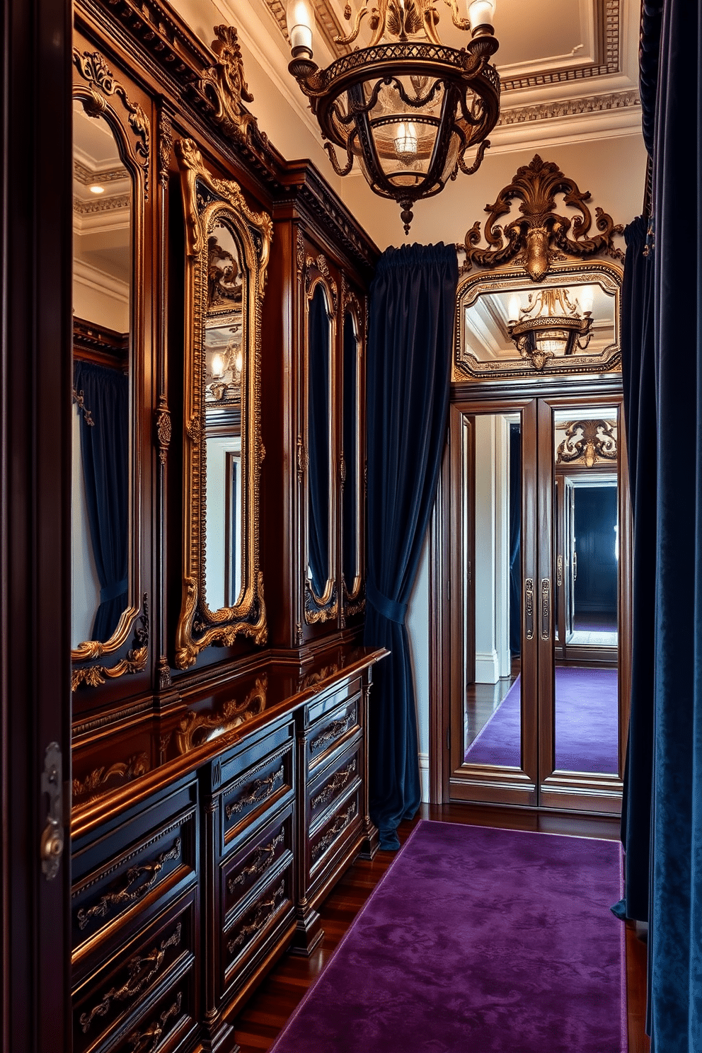 A luxurious Victorian walk-in closet featuring ornate antique mirrors that enhance the sense of space and depth. Rich mahogany cabinetry with intricate carvings lines the walls, complemented by plush velvet drapery in deep jewel tones.