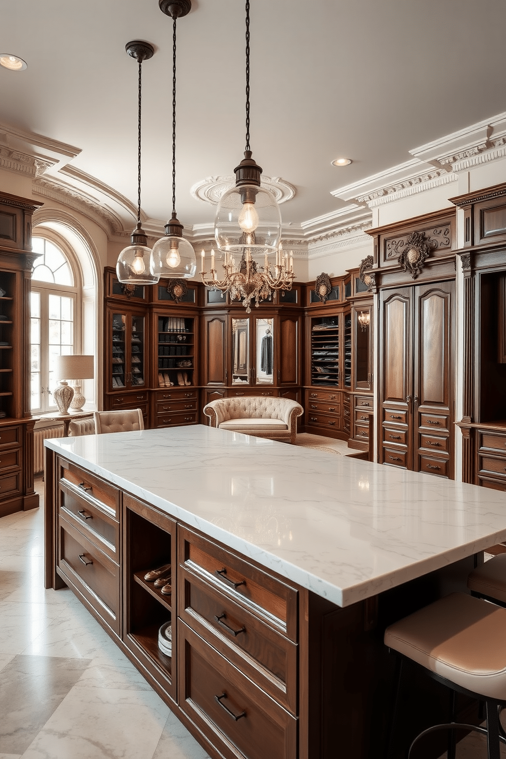 A functional kitchen island with a sleek quartz countertop, featuring integrated storage and seating on one side. The island is surrounded by modern bar stools, and pendant lights hang above for added illumination. A luxurious Victorian walk-in closet with ornate wooden cabinetry and intricate moldings. The space includes a plush seating area, elegant chandeliers, and ample display for shoes and accessories, all accented by rich, deep colors.