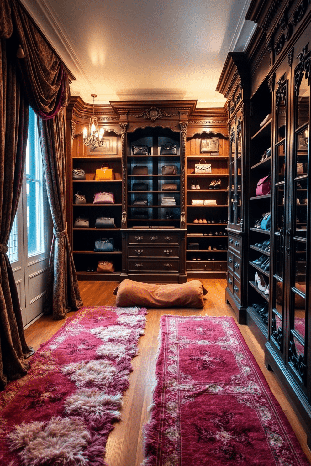 A luxurious Victorian walk-in closet featuring layered textiles for added texture. Richly patterned drapes frame the large windows, while plush area rugs in deep hues cover the hardwood floor. The closet is adorned with ornate wooden shelving, displaying an array of designer handbags and shoes. Soft lighting highlights the intricate details of the cabinetry, creating an inviting and elegant atmosphere.