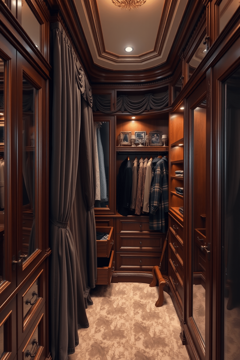 A luxurious Victorian walk-in closet featuring hidden compartments for discreet storage. The space is adorned with rich mahogany cabinetry, ornate moldings, and plush velvet drapery that adds elegance and warmth. Inside, clever storage solutions are integrated seamlessly, including pull-out drawers and concealed shelves that maintain the room's aesthetic. Soft, ambient lighting highlights the intricate details of the design while ensuring every item is easily accessible yet beautifully hidden.