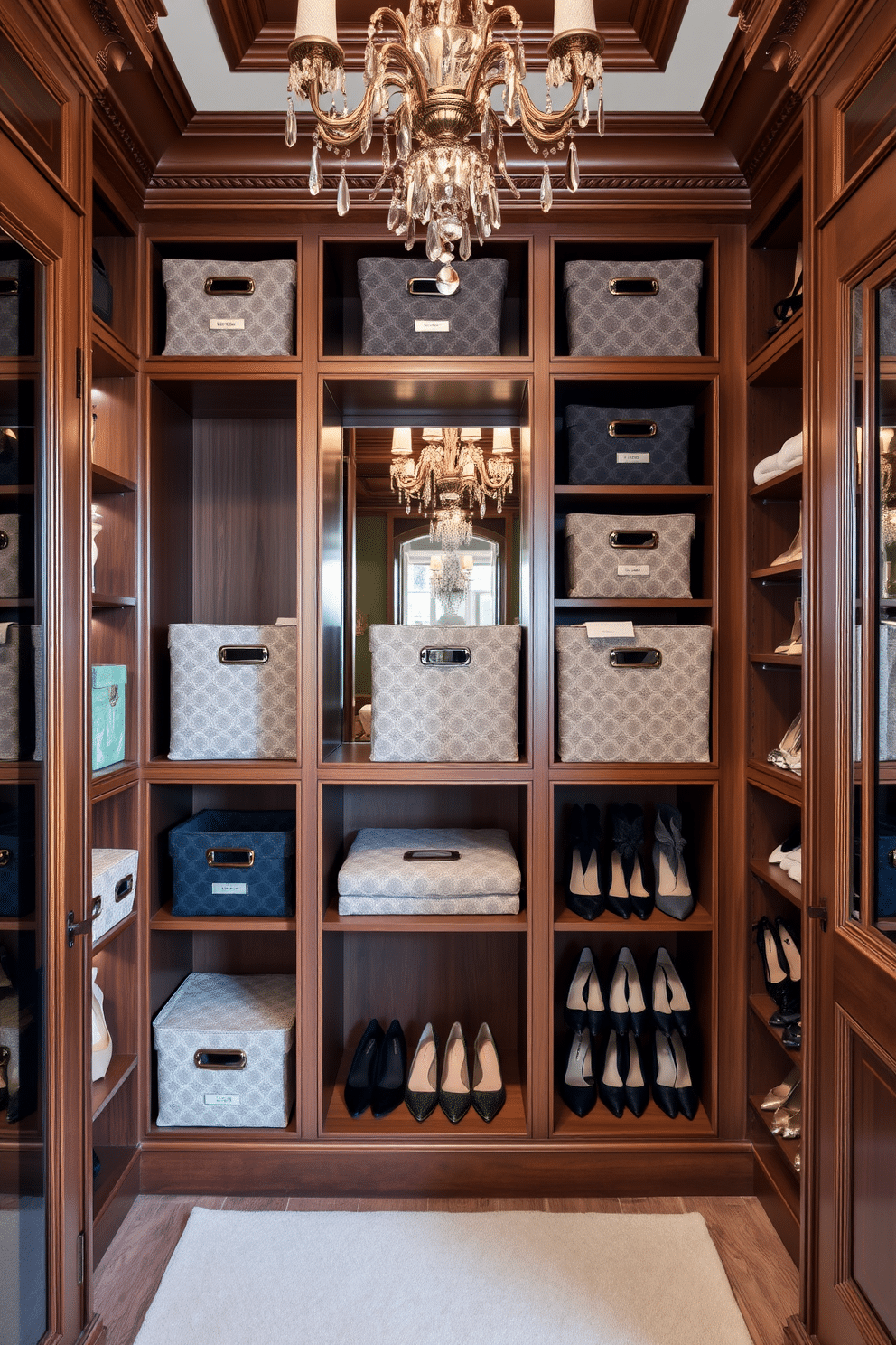 A chic and functional storage solution featuring stylish bins in various textures and colors, strategically placed on open shelves for easy access. The bins are labeled for organization, complementing a modern aesthetic with a touch of sophistication. A luxurious Victorian walk-in closet adorned with rich wood paneling and ornate moldings. The space includes a plush seating area and elegant chandeliers, with custom cabinetry showcasing an array of designer shoes and accessories.