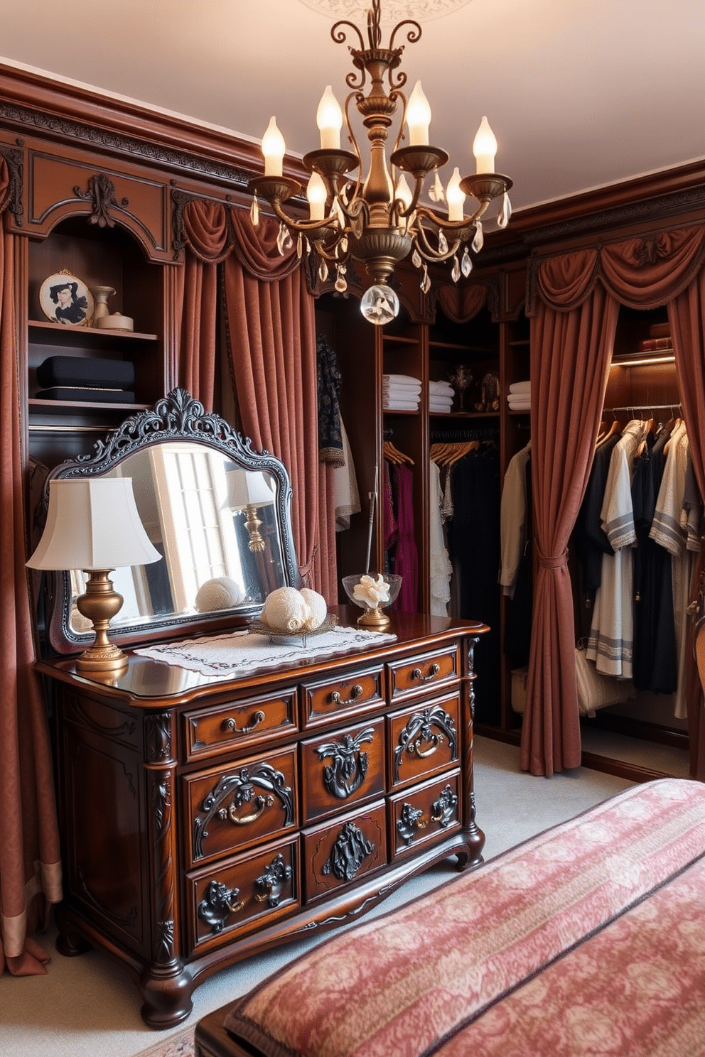 Antique dressers for vintage appeal. The room features a beautifully restored mahogany dresser with intricate carvings, adorned with vintage brass handles. Soft ambient lighting highlights the rich wood grain, while a delicate lace runner adds a touch of elegance on top. Victorian Walk-In-Closet Design Ideas. The closet showcases ornate wooden shelving and hanging rods, complemented by plush velvet curtains that create a luxurious atmosphere. A vintage chandelier hangs from the ceiling, casting a warm glow over the carefully organized space filled with elegant garments and accessories.