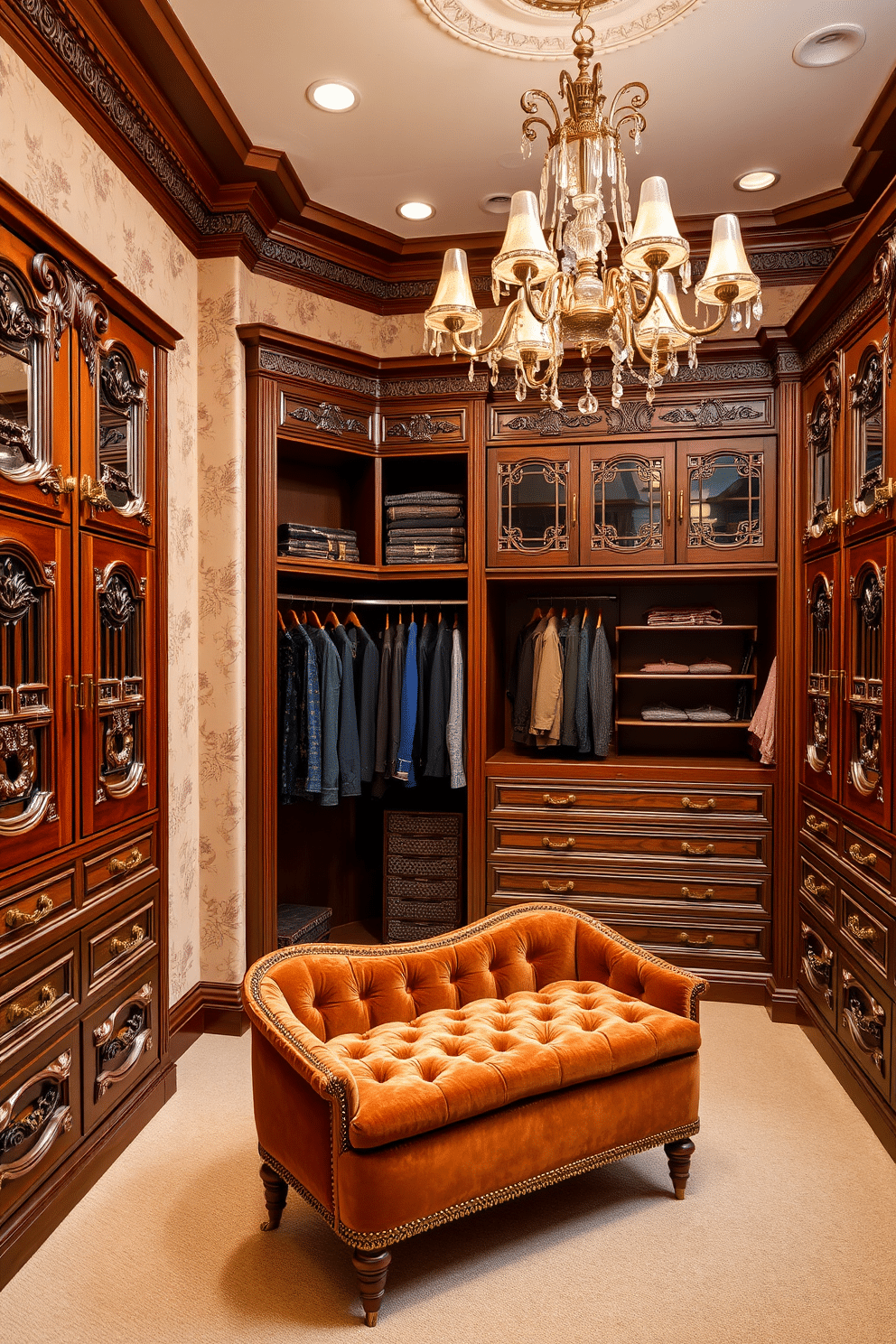 A luxurious Victorian walk-in closet featuring rich mahogany cabinetry with intricate carvings. The space is adorned with vintage-style wallpaper in soft pastels, complemented by an elegant chandelier hanging from the ceiling. Personalized labels are elegantly displayed on each storage compartment, crafted from antique brass for a sophisticated touch. Plush velvet seating is positioned in the center, inviting you to relax while selecting outfits from the meticulously organized racks.