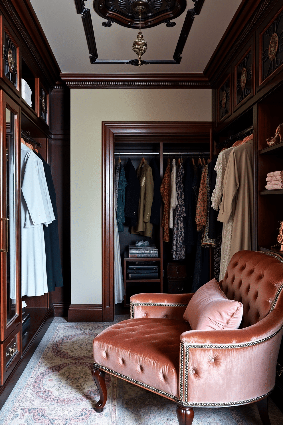 A luxurious Victorian walk-in closet featuring velvet upholstered seating for comfort. The space is adorned with ornate wooden cabinetry, showcasing a variety of elegant clothing and accessories.