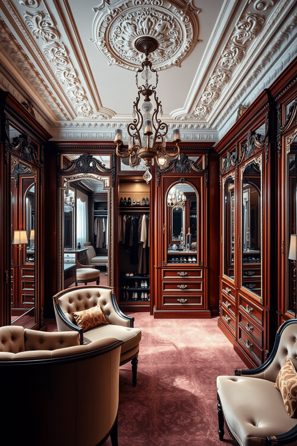 A luxurious Victorian walk-in closet featuring mirrored accents that reflect light and create an illusion of spaciousness. The room is adorned with ornate crown molding, rich mahogany cabinetry, and plush velvet seating, all complemented by strategically placed mirrors that enhance the overall elegance. The closet showcases a combination of hanging space and shelving, with intricate detailing on the cabinetry. Soft, ambient lighting highlights the beautifully arranged shoes and accessories, while a vintage chandelier adds a touch of grandeur to the space.