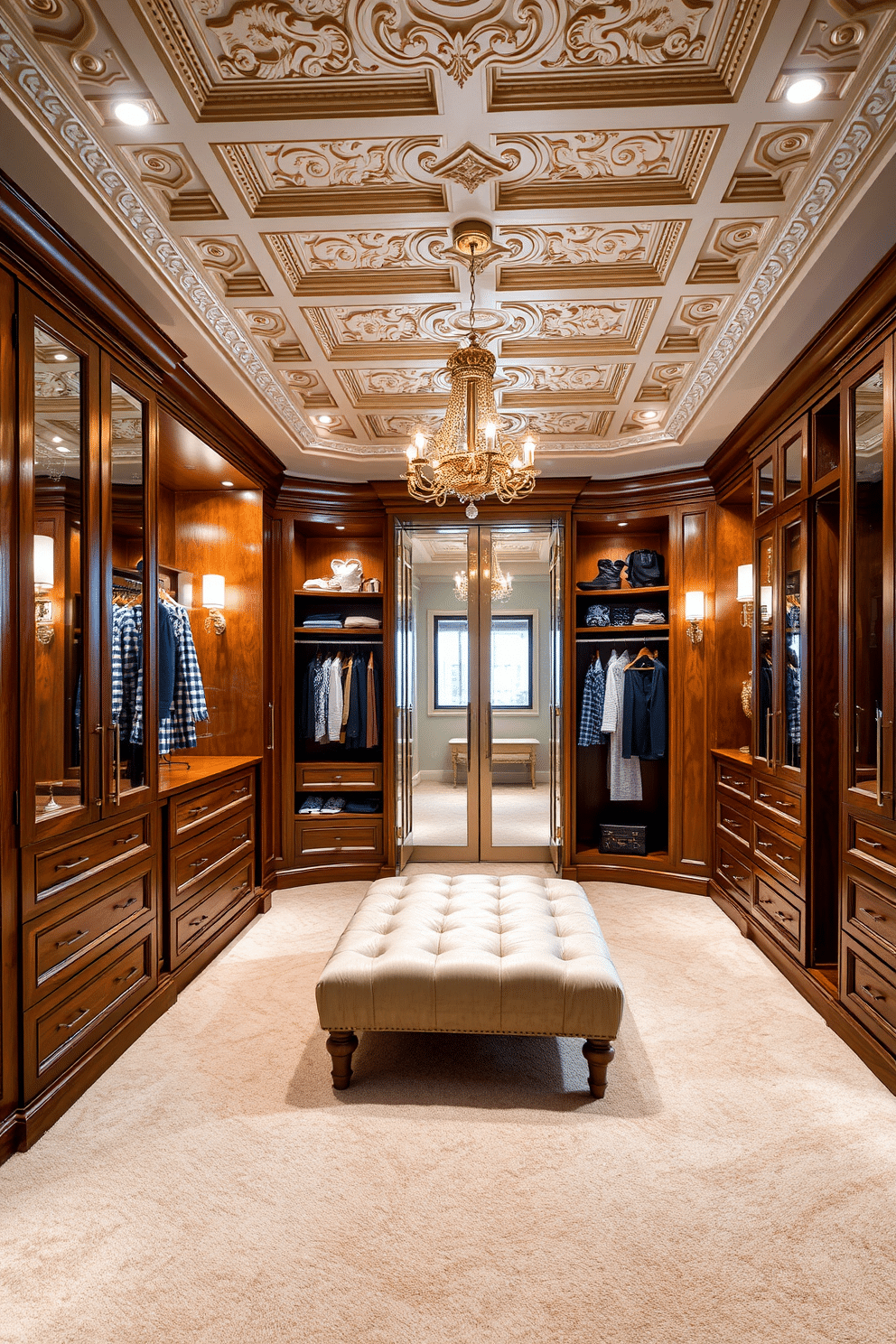 A luxurious walk-in closet featuring intricate crown molding that adds a touch of sophistication to the space. The closet is adorned with rich wooden cabinetry, plush carpet, and elegant lighting fixtures that create a warm and inviting atmosphere. The design includes custom shelving and hanging space, allowing for organized storage of clothing and accessories. A stylish ottoman sits in the center, providing a comfortable seating area for dressing and accessorizing.