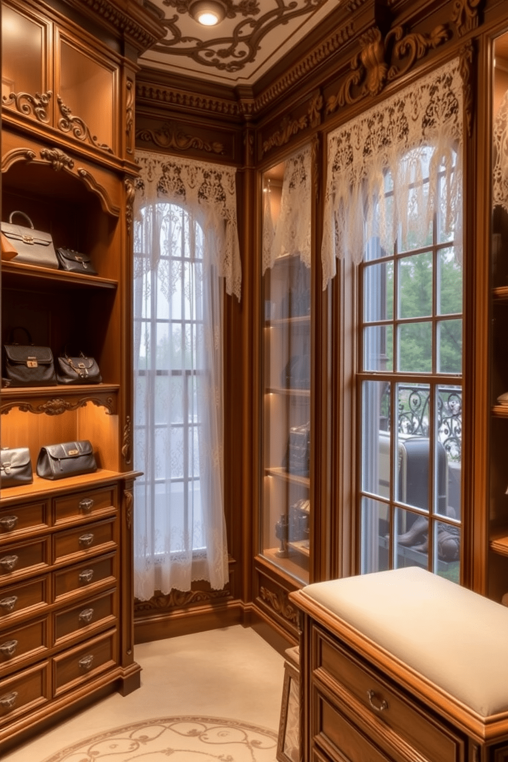 A luxurious Victorian walk-in closet features ornate wooden shelving and cabinetry, elegantly displaying an array of designer handbags and shoes. Soft, ambient lighting highlights the intricate details of the space, while lace curtains drape gracefully over the large windows, adding a delicate touch to the overall aesthetic.