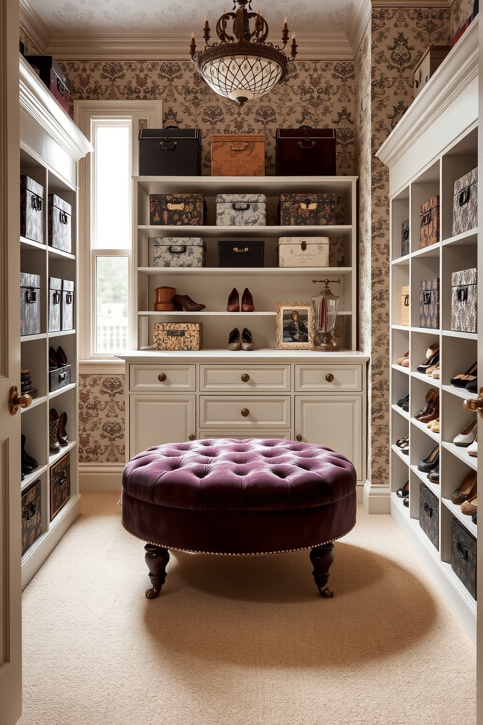 A charming Victorian walk-in closet featuring vintage hat boxes as stylish storage solutions. The walls are adorned with intricate wallpaper, while a plush velvet ottoman sits in the center, surrounded by elegant shelving for shoes and accessories.