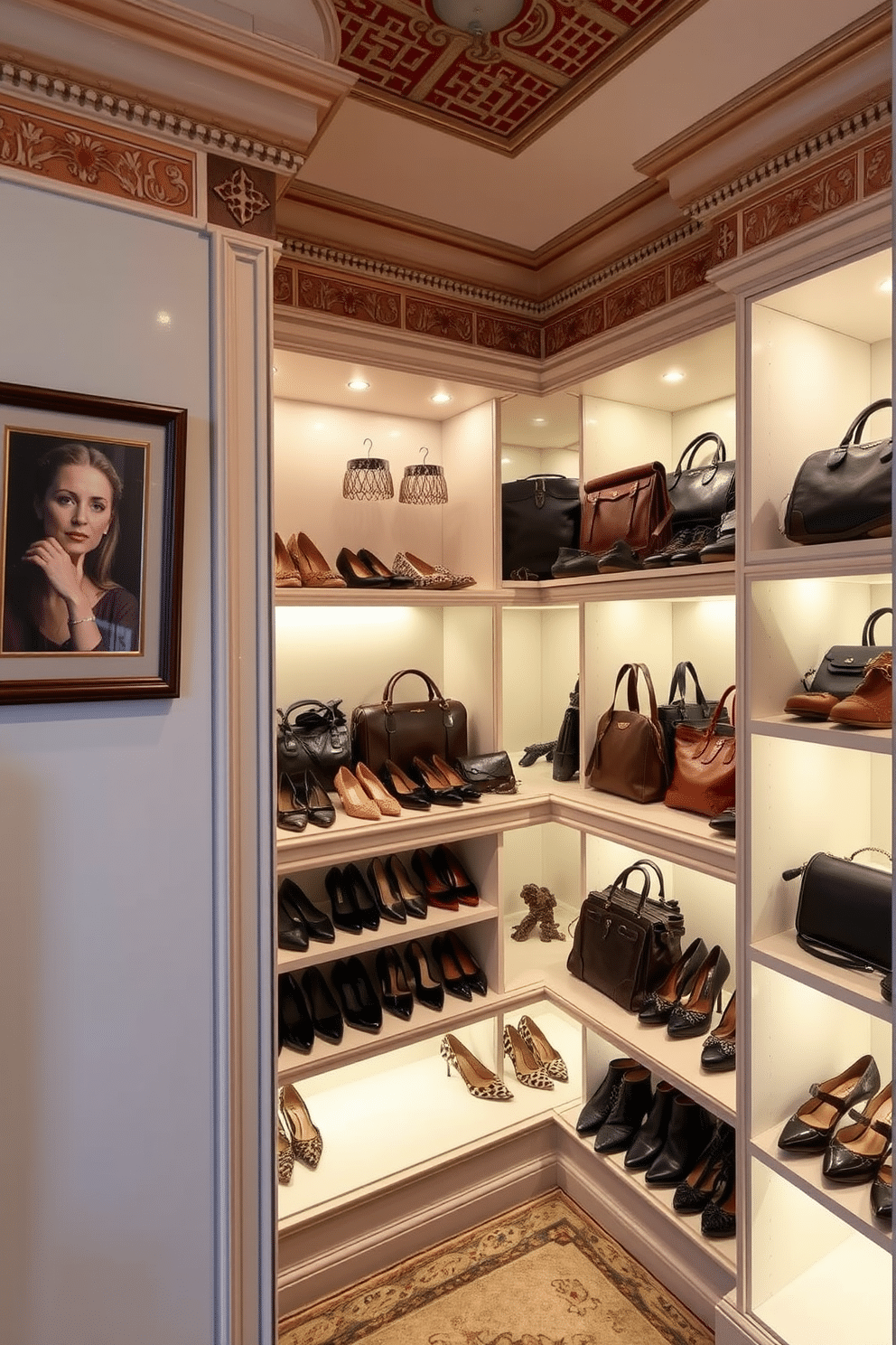 A luxurious Victorian walk-in closet featuring open shelving for easy access to an extensive collection of shoes and handbags. The space is adorned with ornate moldings, rich wooden finishes, and vintage-inspired lighting that casts a warm glow over the carefully organized shelves.