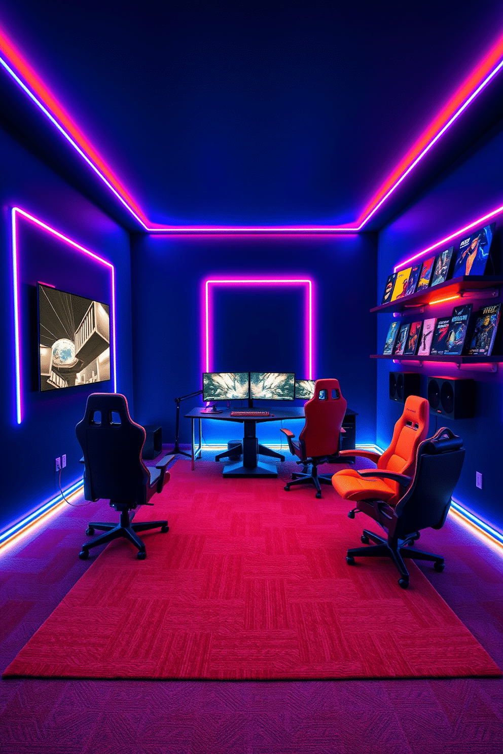 A dynamic video game room featuring neon lighting accents that create a vibrant atmosphere. The walls are painted in a deep blue with LED strip lights outlining the edges, casting a colorful glow throughout the space. In the center, a sleek gaming desk holds multiple monitors, surrounded by ergonomic chairs in bold colors. Plush carpeting in a geometric pattern adds comfort, while wall-mounted shelves display collectibles and game titles, illuminated by soft neon lights.