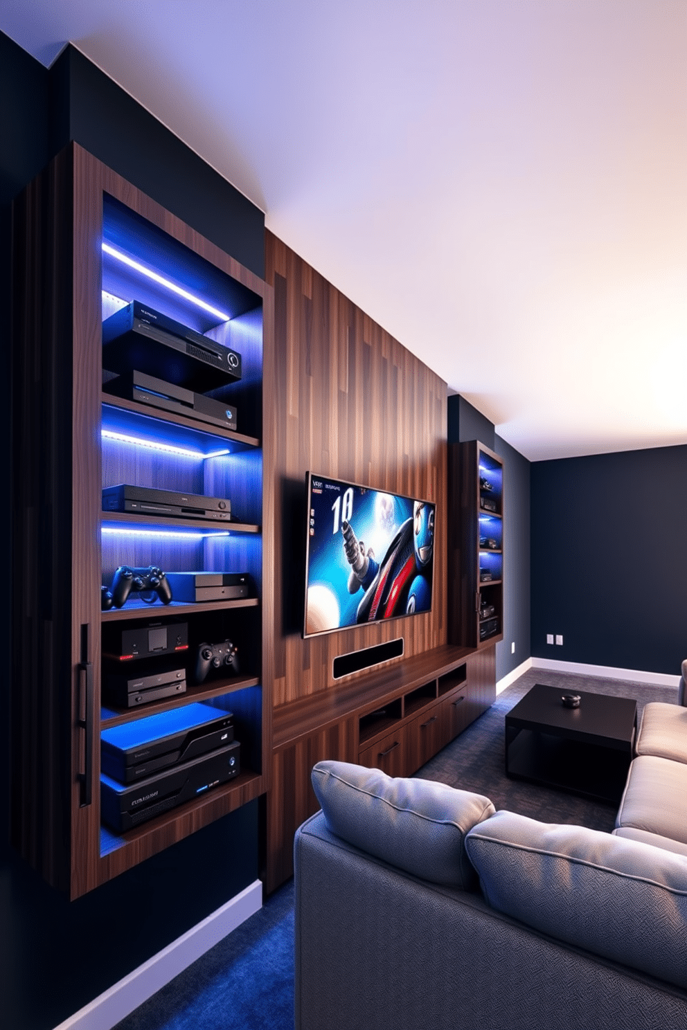 A modern video game room featuring sleek wall-mounted storage for game consoles. The storage unit is crafted from dark wood, with LED strip lighting that accentuates the consoles and provides a dynamic ambiance. The walls are painted in a deep navy blue, creating a cozy yet immersive atmosphere. Plush seating in the form of a sectional sofa is positioned for optimal viewing of a large flat-screen TV mounted opposite the storage.