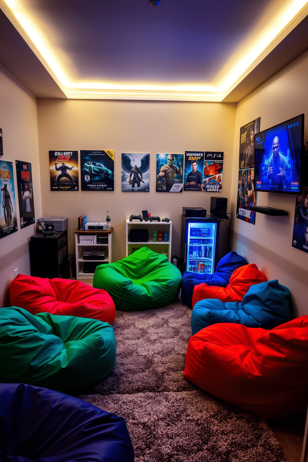 A cozy video game room featuring vibrant bean bags in various colors, arranged in a semi-circle around a large flat-screen TV mounted on the wall. The walls are adorned with posters of popular video games, and soft LED strip lights create an immersive atmosphere. In one corner, a small shelf holds an impressive collection of gaming consoles and accessories, while a plush rug adds comfort underfoot. A mini-fridge stocked with snacks and drinks completes this casual space, perfect for gaming marathons with friends.