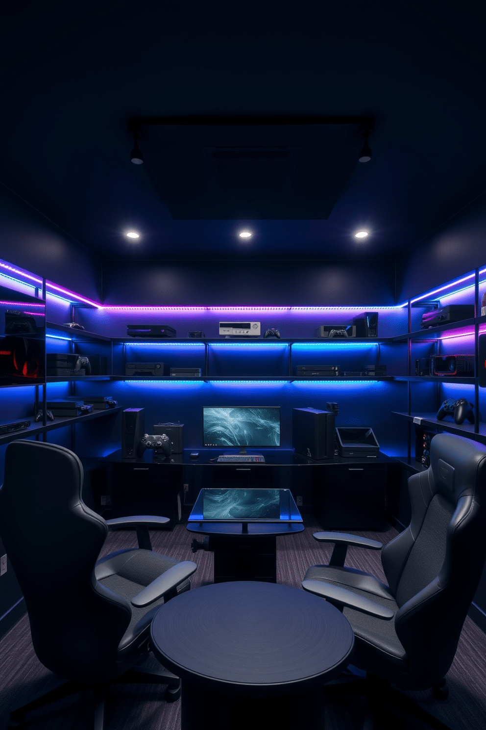 A video game room designed with a dark color palette creates an immersive environment perfect for gaming. The walls are painted in deep navy, while the ceiling features a matte black finish, enhancing the room's cozy atmosphere. A sleek gaming desk made of black metal and glass sits in the center, surrounded by ergonomic chairs upholstered in dark gray fabric. LED strip lights in various colors are installed along the edges of the shelves, illuminating a collection of gaming consoles and accessories.