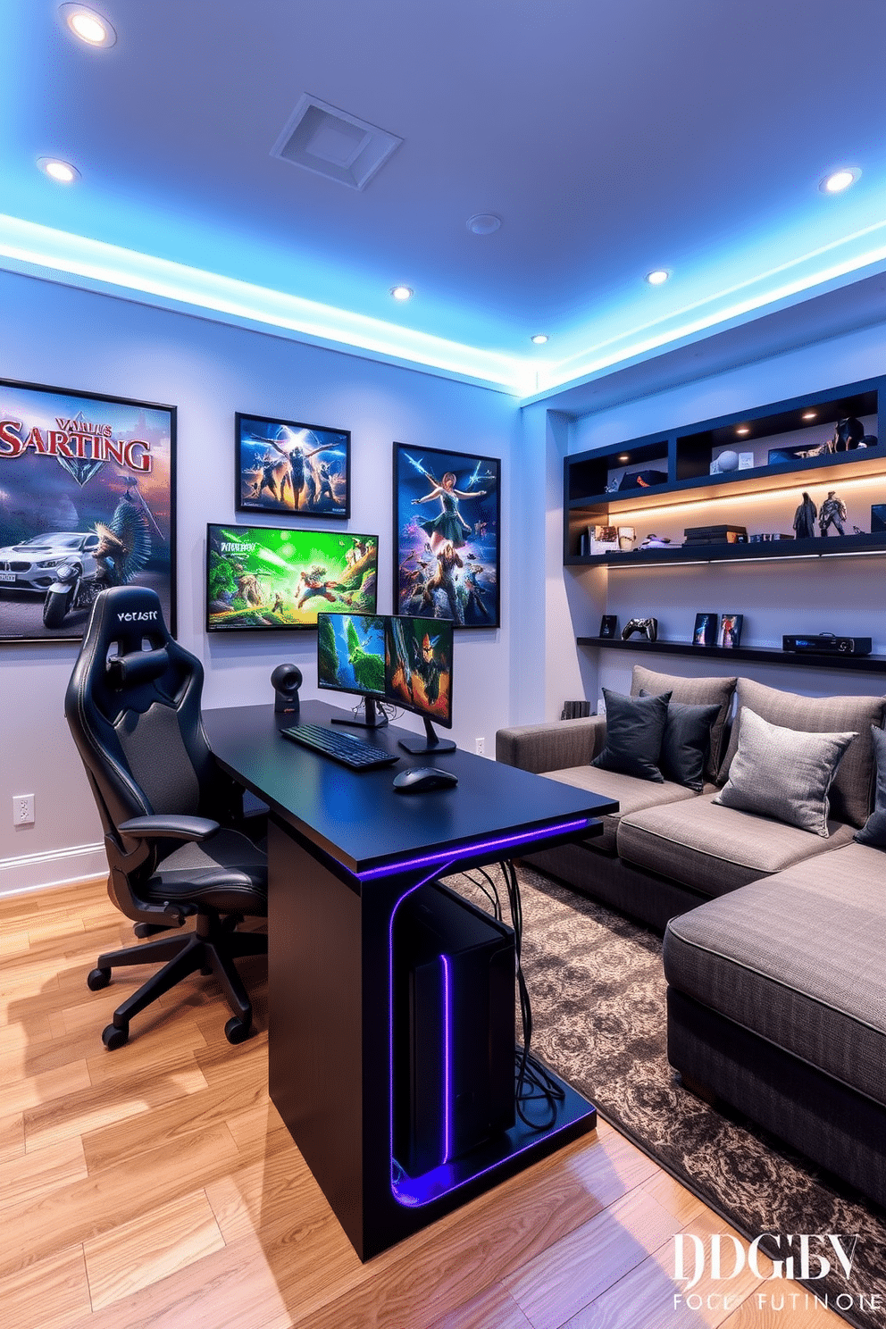 A custom gaming desk designed with integrated cable management features sleek lines and a modern aesthetic. The desk is finished in a matte black with RGB lighting accents, complementing the overall high-tech vibe of the room. The video game room is equipped with comfortable seating, including a plush gaming chair and a sectional sofa. Walls are adorned with framed artwork of popular games, and shelves display collectibles and gaming gear, creating an immersive environment.