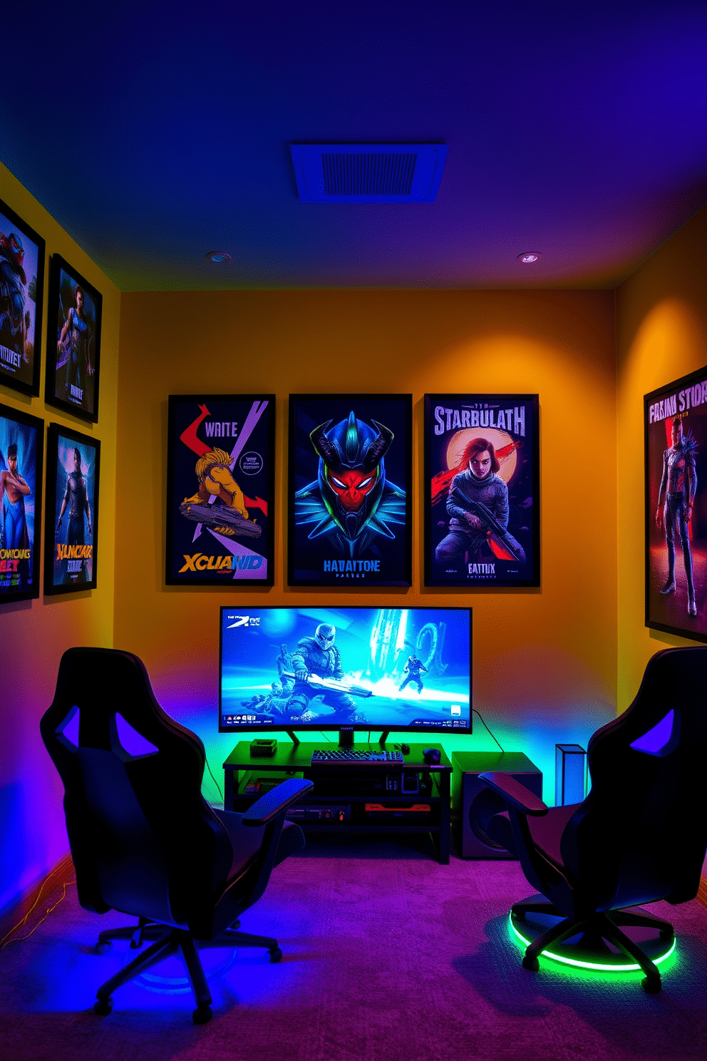 A vibrant video game room featuring walls adorned with posters framed in modern designs. The space includes a sleek gaming setup with a large monitor, ergonomic chairs, and ambient LED lighting that enhances the gaming atmosphere.