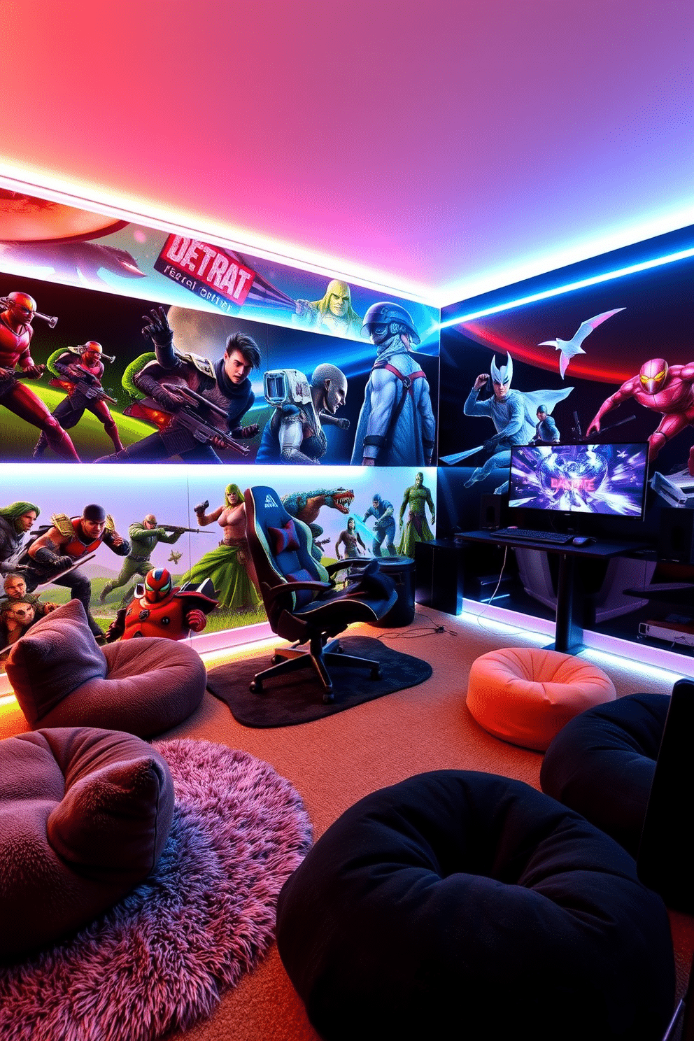 A vibrant video game room featuring interactive wall decals that create an immersive atmosphere. The walls are adorned with colorful graphics of popular video game characters, and LED strip lights frame the edges for a dynamic glow. The room includes a comfortable gaming chair and a sleek gaming desk equipped with the latest technology. Plush rugs and bean bags provide additional seating, while a large screen dominates one wall, perfect for multiplayer gaming sessions.