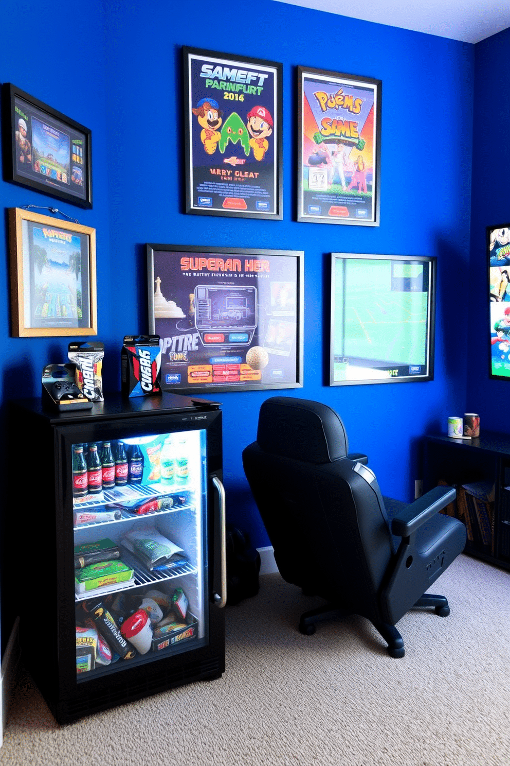 A vibrant video game room featuring a sleek mini fridge stocked with snacks and drinks. The walls are painted in a deep blue hue, adorned with framed posters of classic video games, while a plush gaming chair sits in front of a large flat-screen TV.