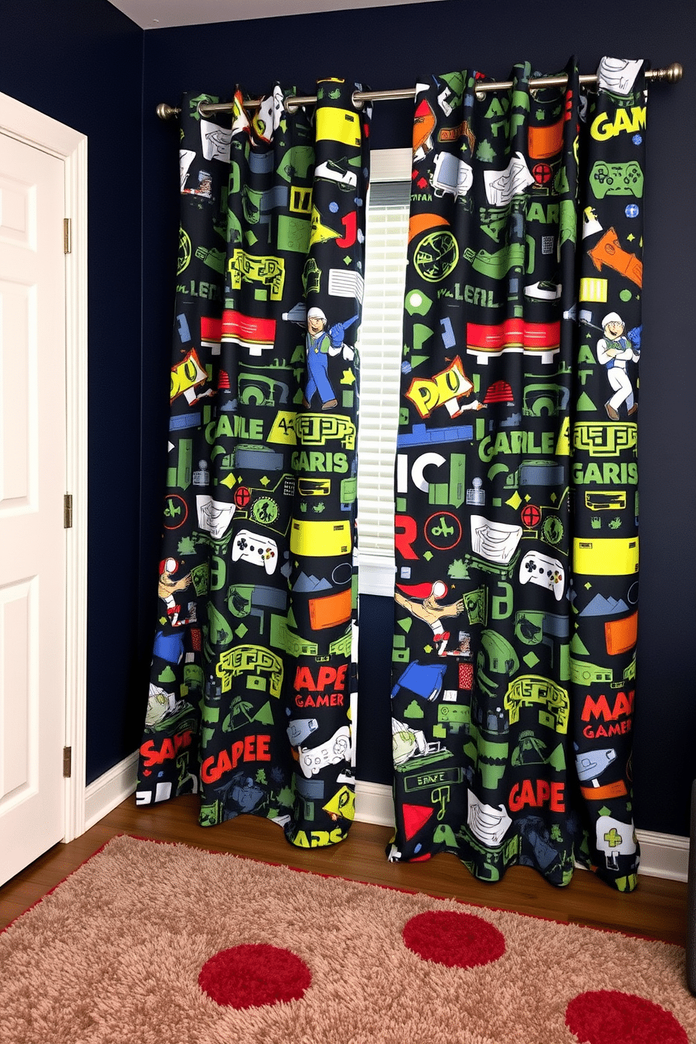 A vibrant gaming-themed room features curtains adorned with iconic video game graphics, creating a cohesive look that ties the space together. The walls are painted in a deep navy blue, while the floor is covered with a plush gaming rug, providing comfort during long gaming sessions.