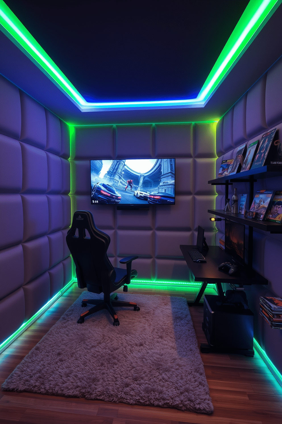 A modern video game room featuring padded wall panels for sound absorption, creating a cozy and immersive atmosphere. The room is equipped with a large flat-screen TV mounted on the wall, surrounded by ambient LED lighting that enhances the gaming experience. In one corner, a sleek gaming chair is positioned in front of a stylish gaming desk adorned with high-tech peripherals. The floor is covered with a plush area rug, and shelves display an impressive collection of video games and memorabilia, adding personality to the space.