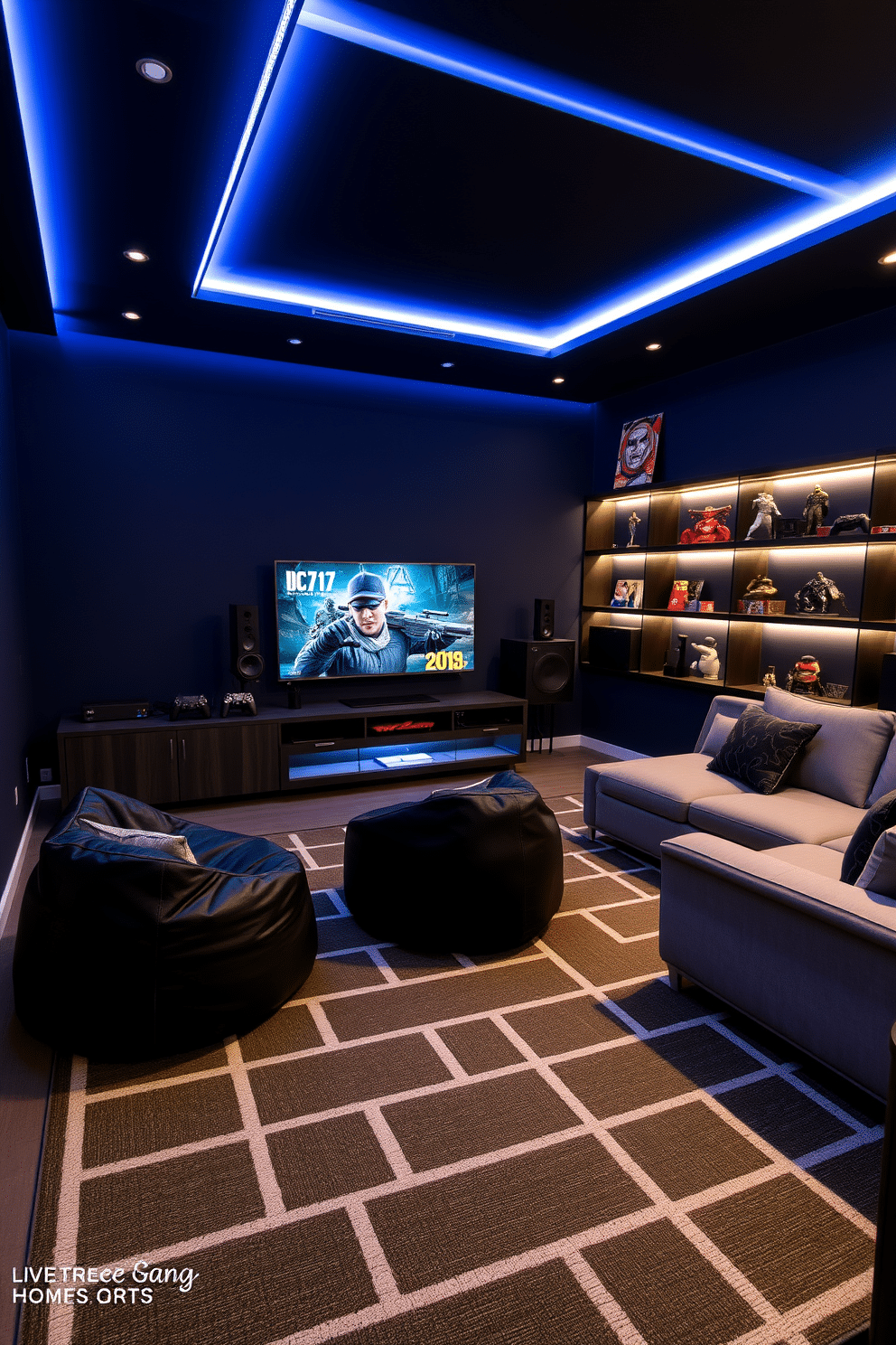 A modern video game room featuring integrated speakers for surround sound, creating an immersive gaming experience. The room is equipped with a sleek, low-profile entertainment center that houses a large flat-screen TV and gaming consoles, while comfortable bean bags and a sectional sofa invite relaxation. The walls are painted in a deep navy blue, accented with LED strip lighting that enhances the gaming atmosphere. A large area rug with a geometric pattern anchors the space, and shelves display collectible figurines and game memorabilia, adding personality to the room.