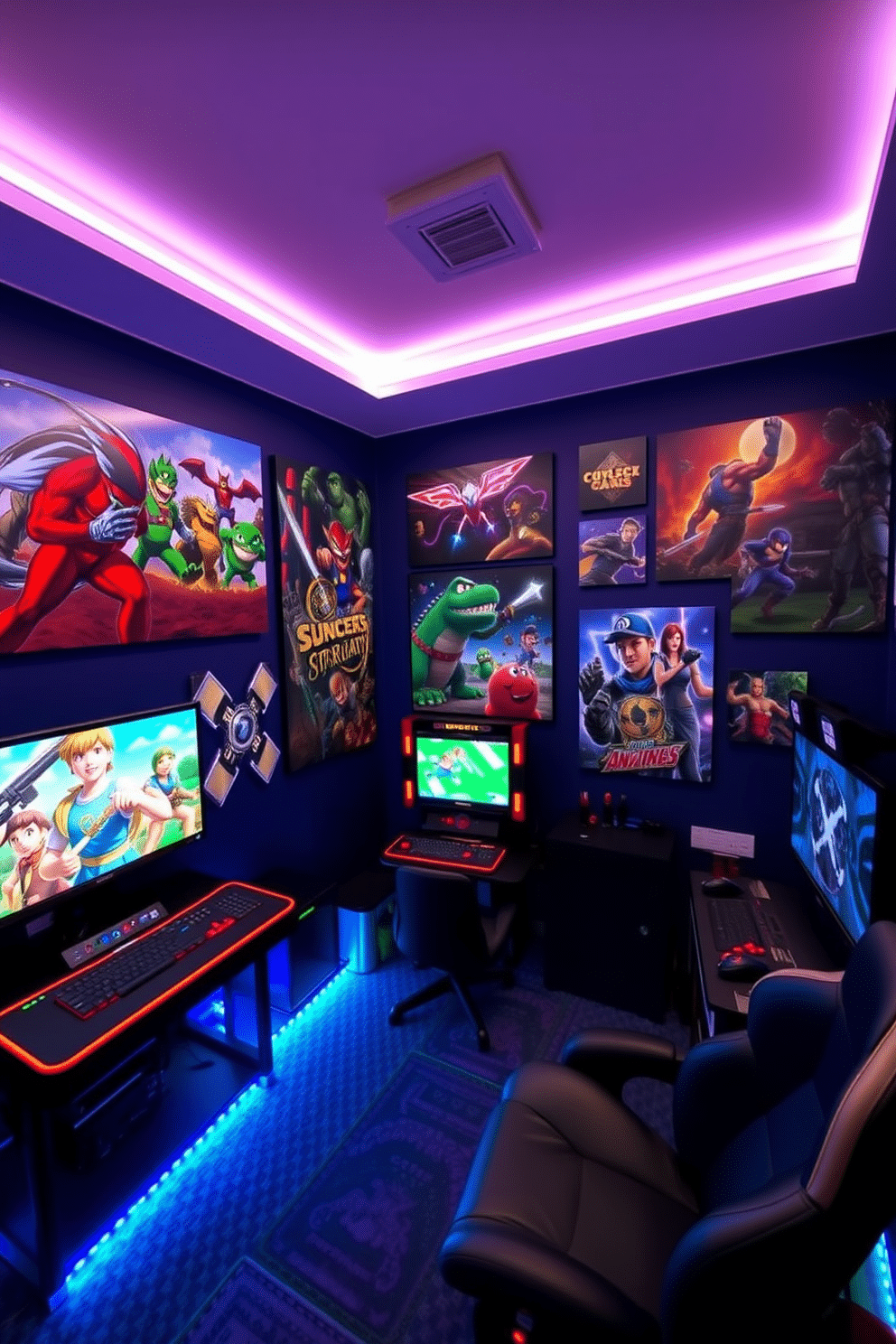 A vibrant video game room filled with themed wall art showcasing iconic characters and scenes from favorite games. The walls are painted a deep navy blue, creating a cozy atmosphere, while LED strip lights illuminate the room, enhancing the gaming experience.