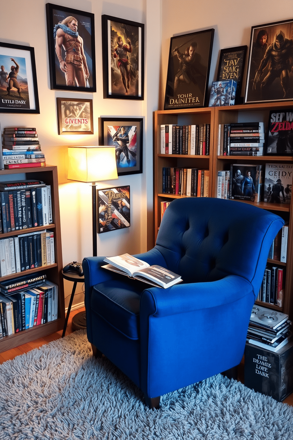 A cozy nook designed for reading game lore features a plush armchair upholstered in deep blue fabric, positioned next to a tall bookshelf filled with various video game novels and art books. Soft, warm lighting from a stylish floor lamp creates an inviting atmosphere, while a small side table holds a steaming cup of tea and a vintage game controller. The walls are adorned with framed game art and posters, showcasing iconic characters and scenes from beloved titles. A thick, textured rug lies underfoot, adding comfort and warmth to the space, making it the perfect retreat for gamers to immerse themselves in their favorite stories.