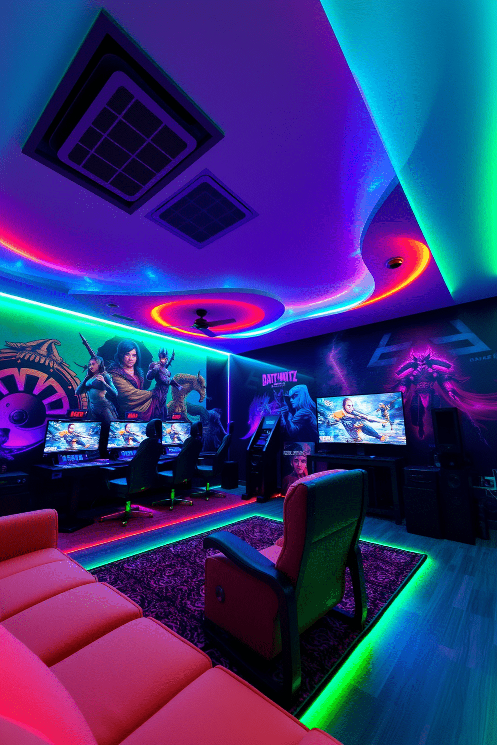 A vibrant video game room featuring dynamic LED lighting that syncs with the gameplay, creating an immersive atmosphere. The walls are adorned with game-themed art, and a large screen is mounted for an optimal viewing experience, complemented by comfortable seating arrangements.