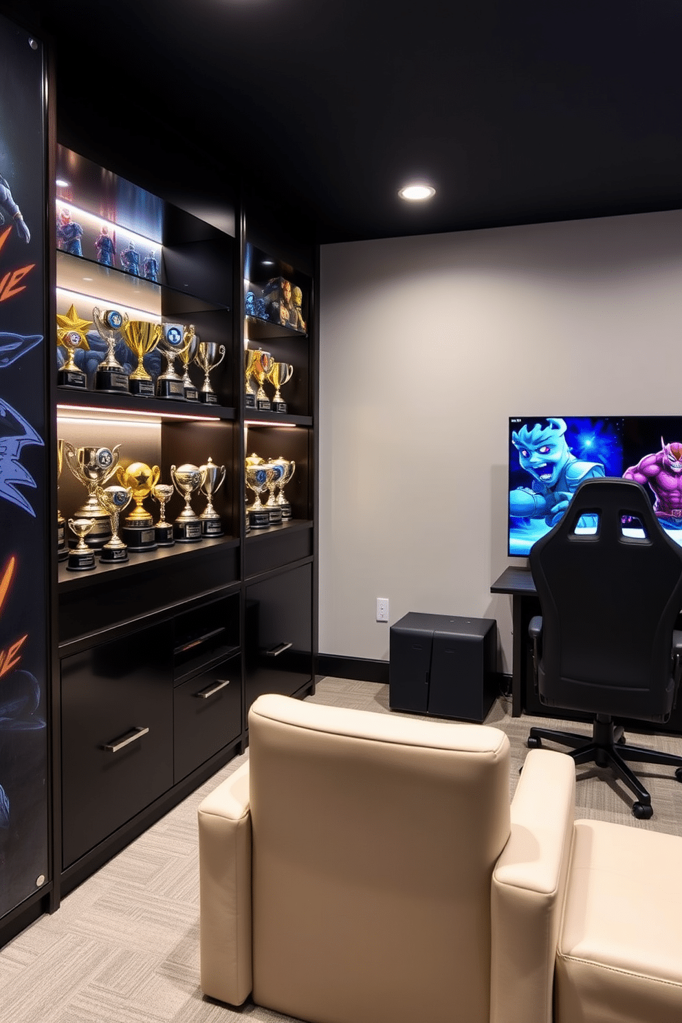 A dynamic video game room featuring a sleek, custom-built shelving unit that showcases personalized gaming trophies, each uniquely designed to reflect the achievements of the players. The walls are adorned with vibrant artwork from popular games, and a comfortable gaming chair is positioned in front of a large, high-definition screen, creating an immersive gaming experience.