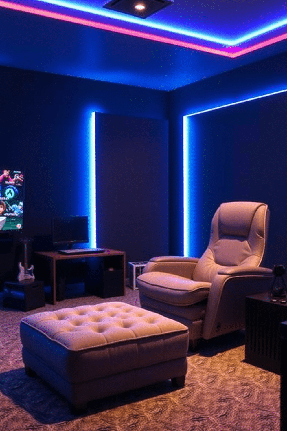 A cozy video game room featuring a plush ottoman designed for footrest comfort. The space is illuminated by ambient LED lighting, with walls adorned in dark, rich colors to create an immersive atmosphere.