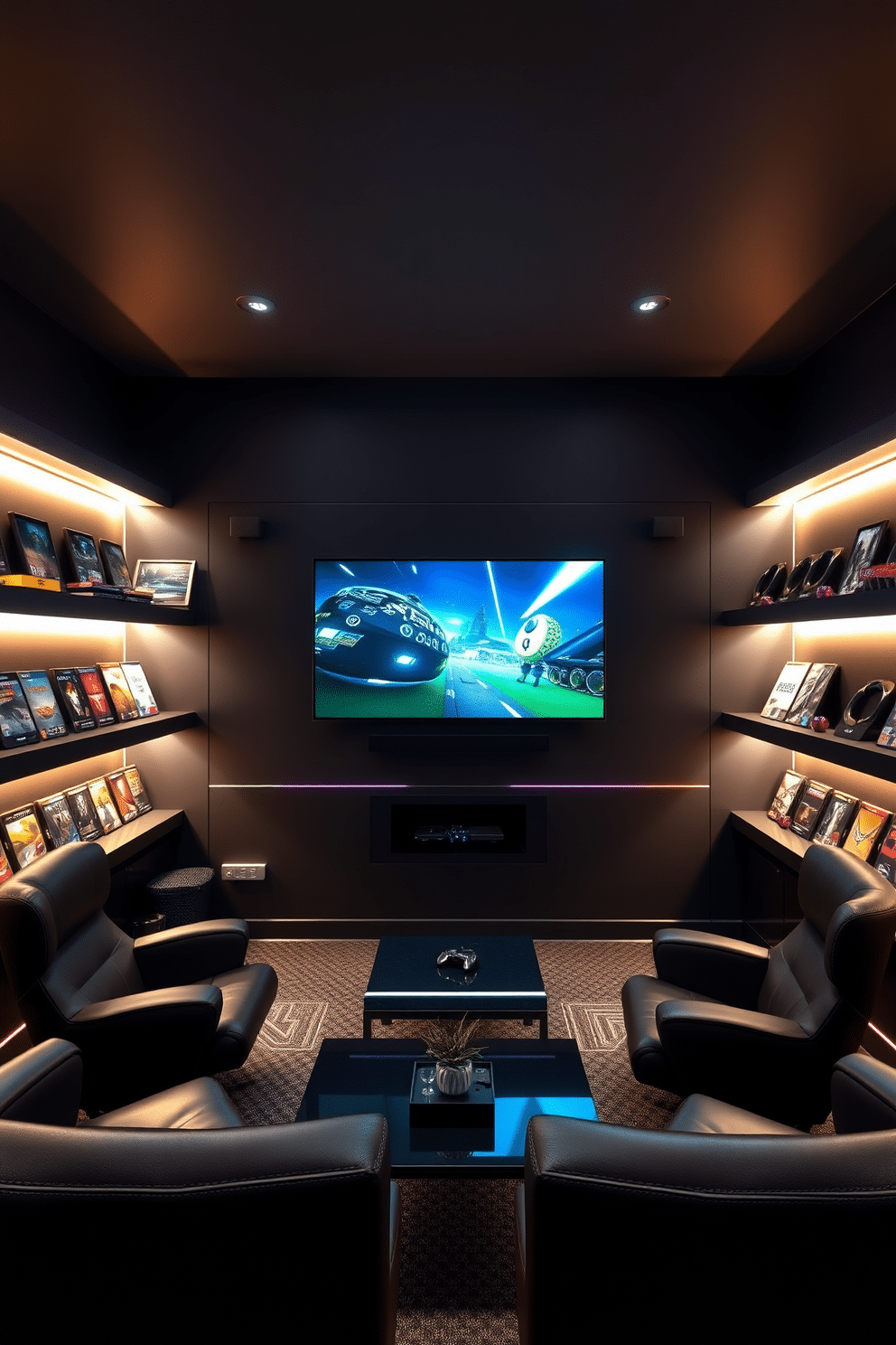 A sleek video game room featuring a wall-mounted TV at eye level for optimal viewing. The walls are painted in a dark, rich color, with LED strip lights illuminating the space for an immersive gaming experience. Comfortable gaming chairs are arranged in front of the TV, complemented by a stylish coffee table for snacks and drinks. Shelves display an impressive collection of video games and collectibles, adding personality to the room.