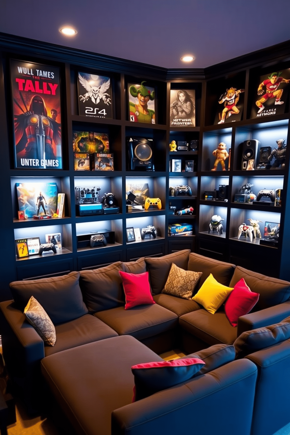 A cozy video game room featuring built-in shelving designed specifically for displaying collectibles. The walls are painted in a deep navy blue, and the shelving is made of dark wood, providing a striking contrast against the vibrant game posters. In the center of the room, a large sectional sofa invites relaxation, adorned with colorful throw pillows. Soft LED lighting highlights the collectibles on the shelves, creating an immersive atmosphere perfect for gaming sessions.