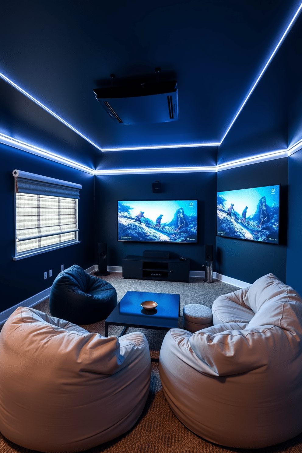 A modern video game room featuring smart home integration for convenience. The room is equipped with voice-controlled lighting, automated window shades, and a high-tech gaming setup including multiple screens and ergonomic seating. The walls are painted in a deep navy blue, adorned with LED strip lighting for an immersive atmosphere. Plush bean bags and a sleek coffee table are arranged around a large screen, creating a cozy yet high-tech environment for gaming enthusiasts.