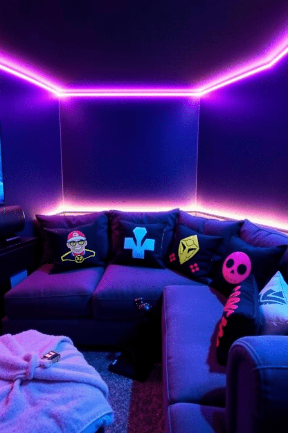 A cozy video game room featuring a plush sectional sofa adorned with game-themed accent pillows showcasing iconic characters and symbols. The walls are painted in a deep navy blue, and ambient LED strip lights illuminate the space, creating a vibrant gaming atmosphere.