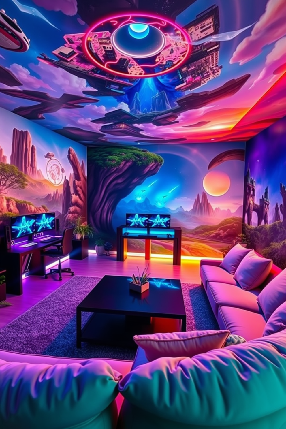 A vibrant video game room featuring artistic murals that depict immersive game landscapes. The walls are adorned with large, colorful murals of fantasy worlds and iconic game scenes, creating an engaging atmosphere for gaming enthusiasts. The room includes a sleek gaming desk with dual monitors and RGB lighting that complements the artwork. Comfortable seating with plush cushions is arranged around a low coffee table, inviting friends to gather and enjoy gaming sessions together.