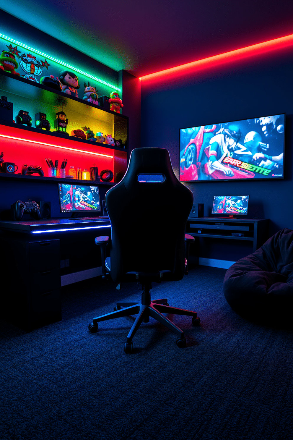 A comfortable gaming chair with lumbar support is positioned in front of a sleek, modern desk adorned with RGB lighting. The walls are painted a deep navy blue, and shelves filled with gaming memorabilia and colorful LED lights create an immersive atmosphere. The floor is covered with a plush, dark gray carpet that absorbs sound, enhancing the gaming experience. A large screen mounted on the wall displays vibrant game graphics, while a cozy bean bag sits in the corner for additional seating.