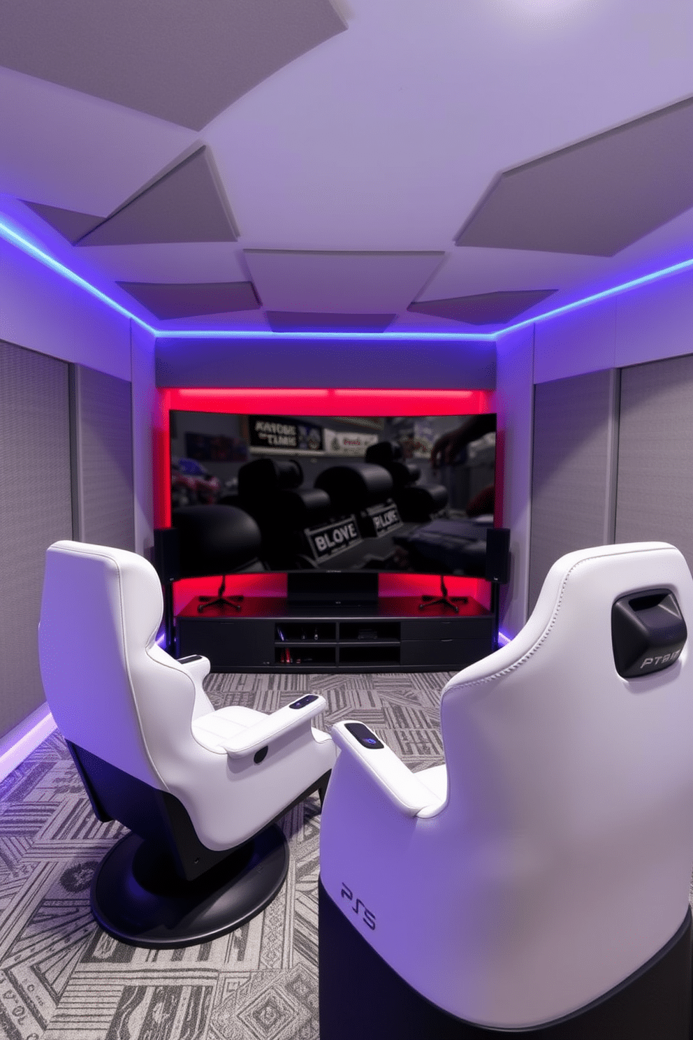 A modern video game room designed for an immersive experience features soundproofing panels on the walls, enhancing audio quality and minimizing distractions. The room includes a large, curved screen with ambient LED lighting, a plush gaming chair, and a sleek console setup, creating an inviting atmosphere for gamers.