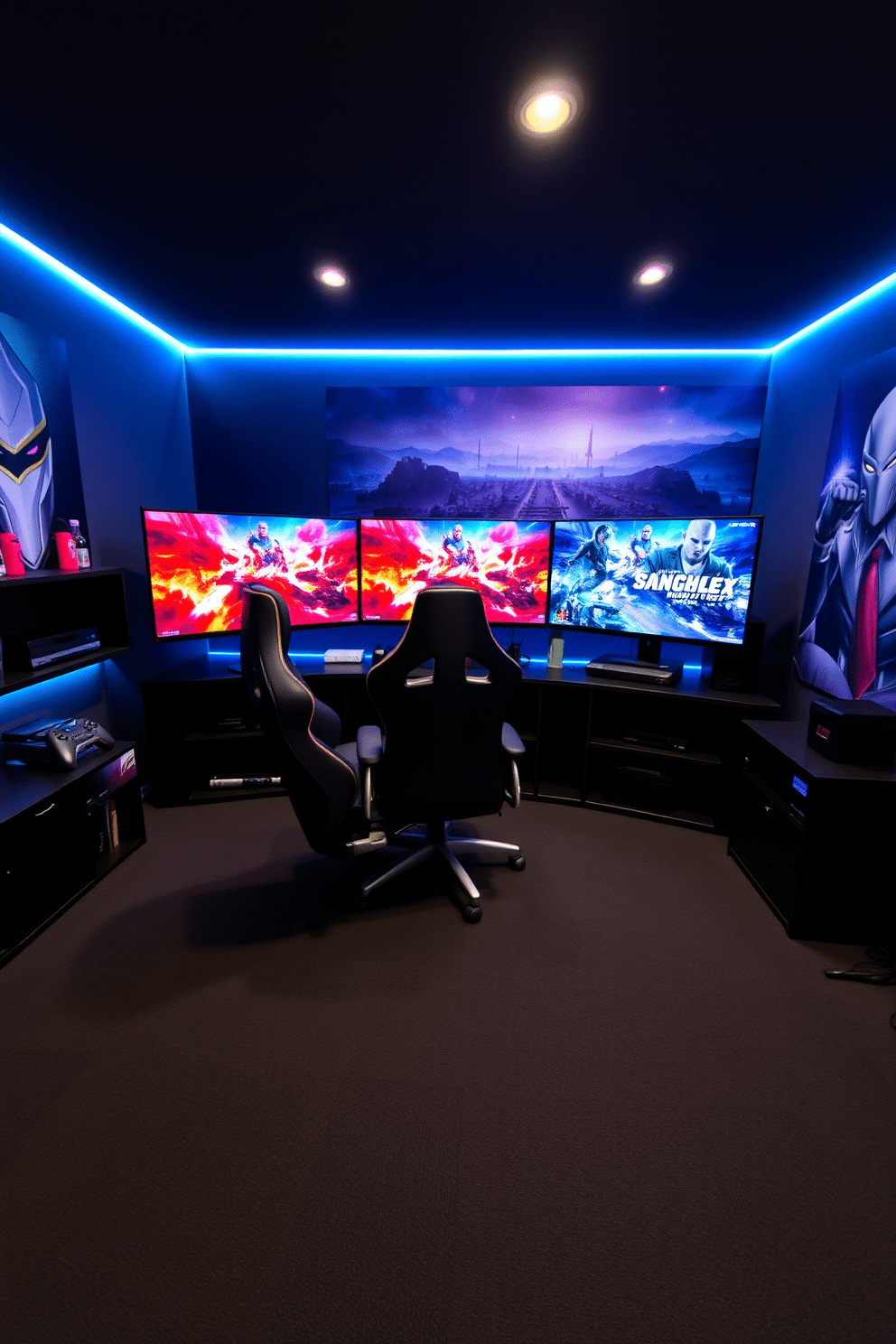 A sleek and modern video game room features a multi-monitor setup, showcasing vibrant game graphics across three ultra-wide screens. The room is illuminated by customizable LED strip lights that change color according to the gameplay, enhancing the immersive experience. The centerpiece is a comfortable gaming chair positioned in front of the monitors, surrounded by stylish shelving that holds game consoles and collectibles. Plush carpeting in a dark hue complements the bold wall art, creating a dynamic environment for expansive gameplay.