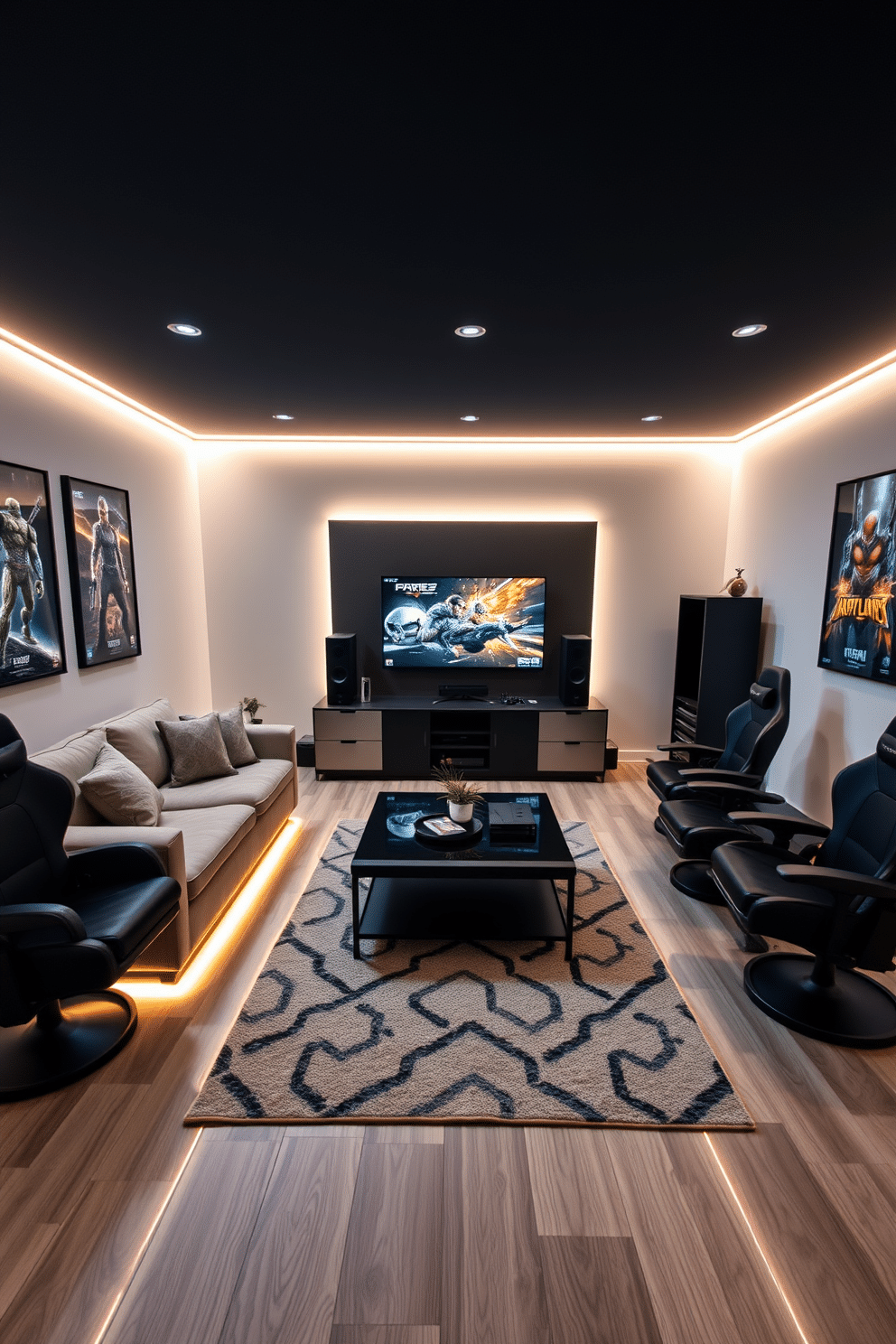 A modern video game room featuring LED strip lights that create an ambient glow along the walls and under the furniture. The room includes a large, comfortable sectional sofa facing a sleek entertainment center equipped with the latest gaming consoles and a high-definition screen. The walls are adorned with framed posters of popular video games, adding a personal touch to the space. A stylish rug lies beneath the coffee table, which is surrounded by gaming chairs that enhance the overall aesthetic and comfort.