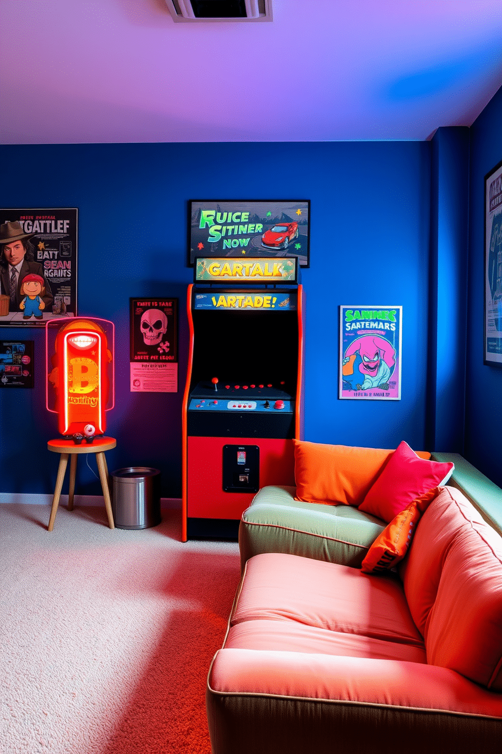 A vintage arcade cabinet stands proudly as the focal point in a vibrant video game room, surrounded by retro posters and neon lights that create an inviting atmosphere. The walls are painted in a deep blue hue, while a plush gaming sofa in a bold color complements the lively decor, enhancing the playful vibe of the space.