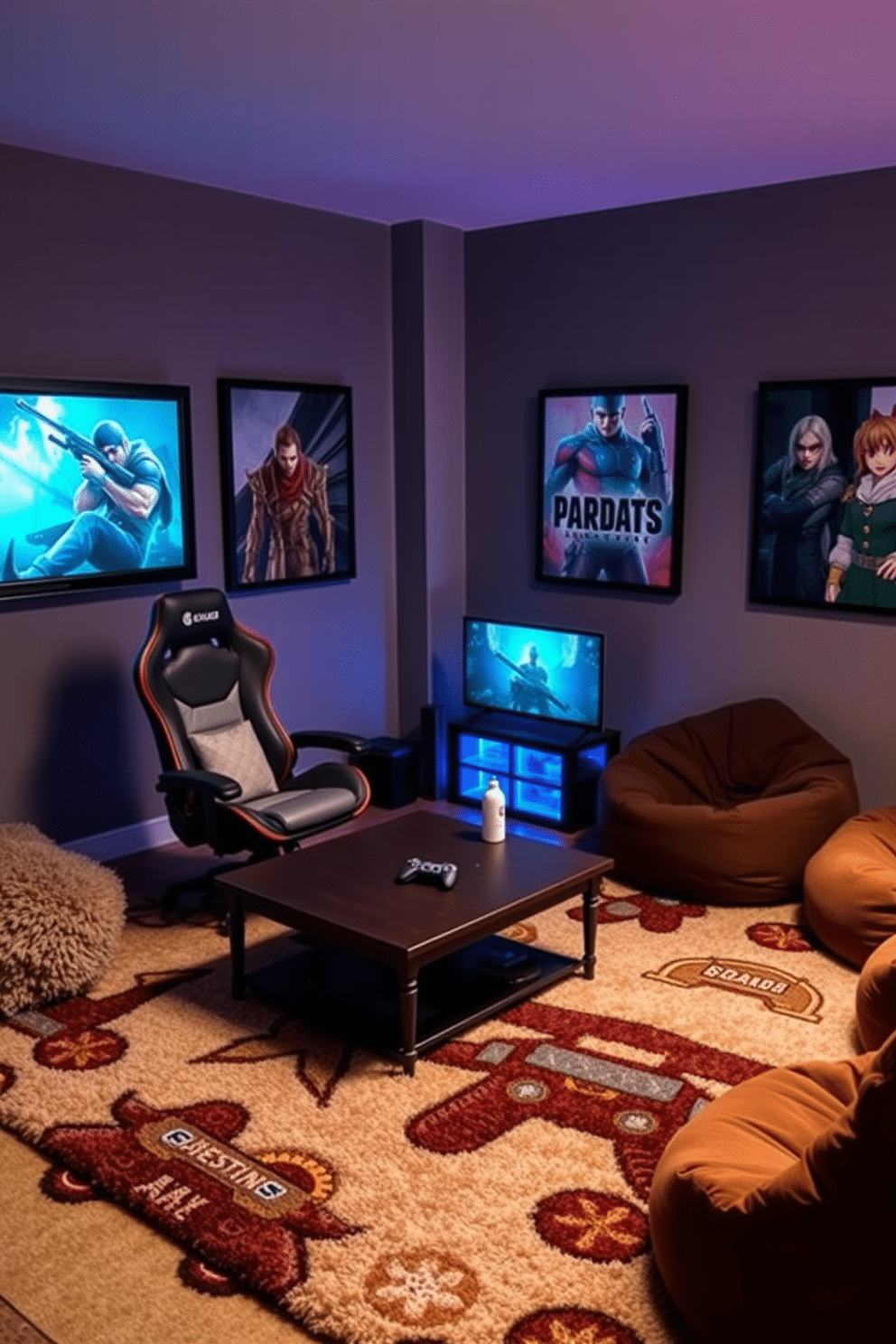 A cozy video game room featuring a plush, game-themed rug that adds warmth and character to the space. The walls are adorned with framed artwork of iconic video game characters, while a comfortable gaming chair sits in front of a sleek gaming setup. Soft ambient lighting creates a relaxed atmosphere, enhancing the overall gaming experience. A low coffee table is positioned nearby, surrounded by bean bag chairs, perfect for friends to gather and enjoy multiplayer sessions.